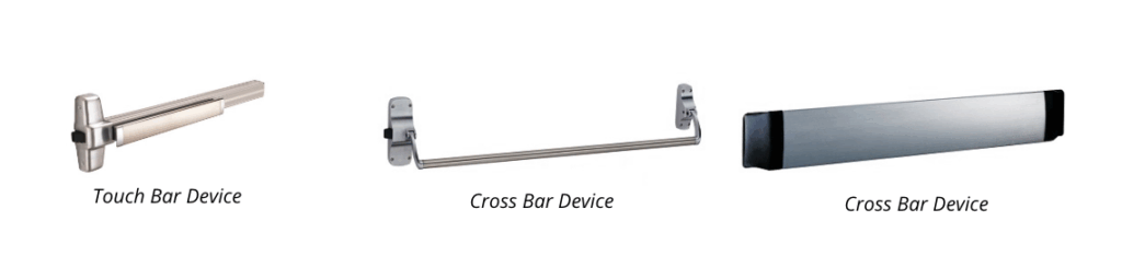 Three types of door exit devices are shown: a touch bar device on the left, and two cross bar devices in the center and right. Labels appear below each device.